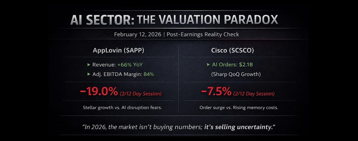 AI Paradox infographic: AppLovin ($APP) & Cisco ($CSCO) financial charts showing market shift from AI software to HALO stocks (Heavy Assets, Low Obsolescence) in Feb 2026