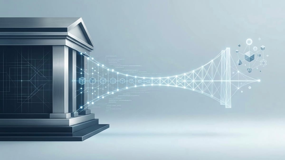 Minimalist digital art showing a classical Greek bank on the left emitting glowing data. 