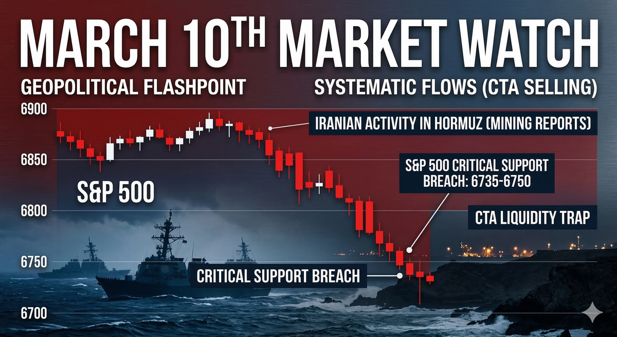 S&P 500 candlestick chart showing a sharp red decline below 6750, with a stylized navy silhouette and a turbulent sea, referencing geopolitical flashpoints like the Strait of Hormuz.