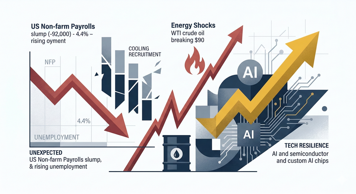 Financial chart contrast: Red arrow down for US NFP slump (-92k), red arrow up for $90+ oil spike, and gold circuit arrow for AI tech resilience (MRVL +18%) amid 2026 macro volatility.
