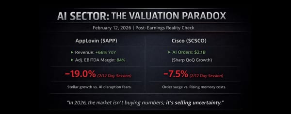 AI Paradox infographic: AppLovin ($APP) & Cisco ($CSCO) financial charts showing market shift from AI software to HALO stocks (Heavy Assets, Low Obsolescence) in Feb 2026