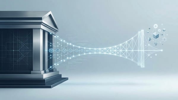 Minimalist digital art showing a classical Greek bank on the left emitting glowing data. 